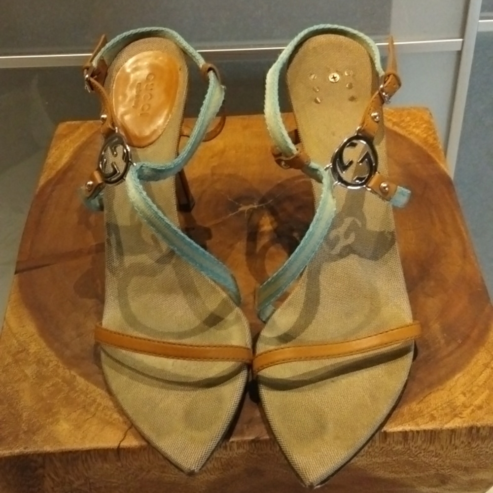 Gucci Sand Color and Turquoise Strap Heel Sandals with silver hardware authentic